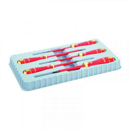 5 pce 1000v  screwdriver set - 3 x Slotted - 3.5 x 100, 4 x 100, 5.5 x 125, 2 x Phillips - PH 1 x 80 , PH 2 x 100 - BahcoFit